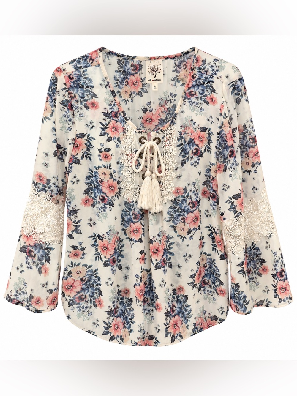 Self Esteem Large Floral Lace-Up Boho Blouse Crochet Sleeves - Picture 3 of 4